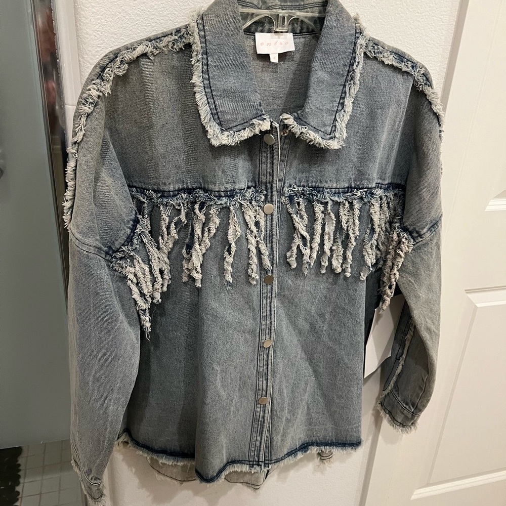 NEW denim fringe distressed jean jacket